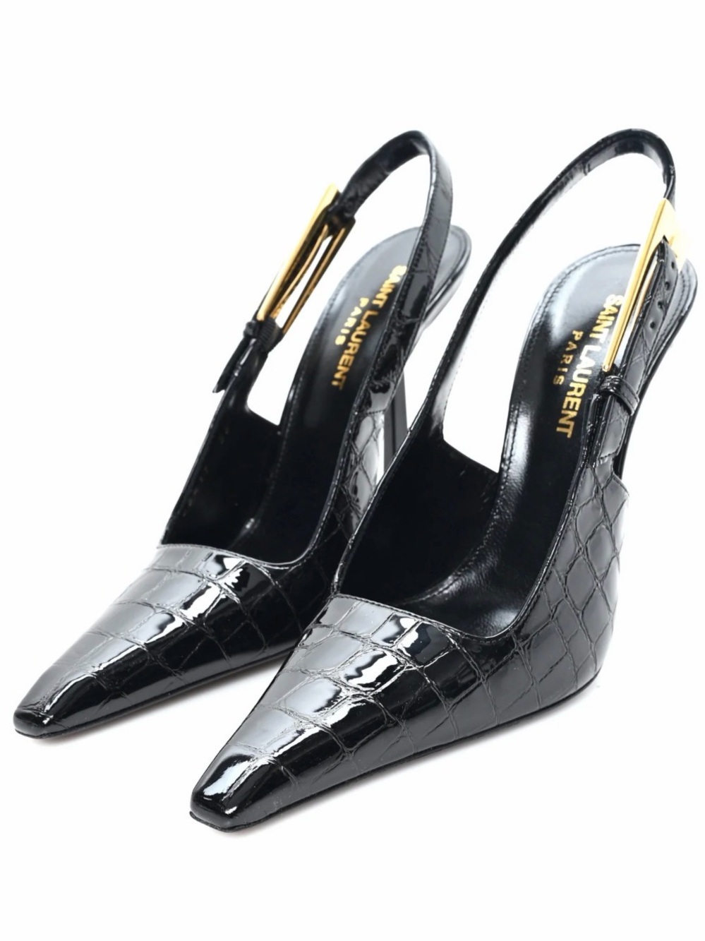 Saint Laurent Black Croc-Embossed Slingback Heels with Gold Buckle WORN ONCE
